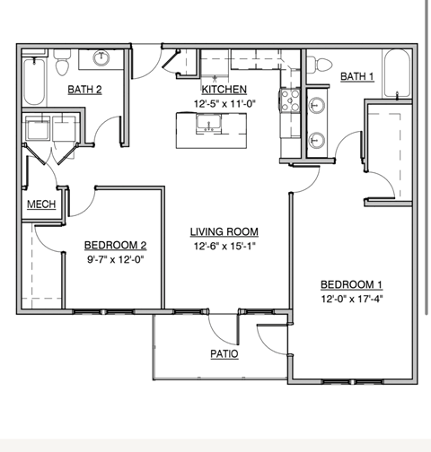 Floor plan for 2 beds, 2 baths, 1200 sqft